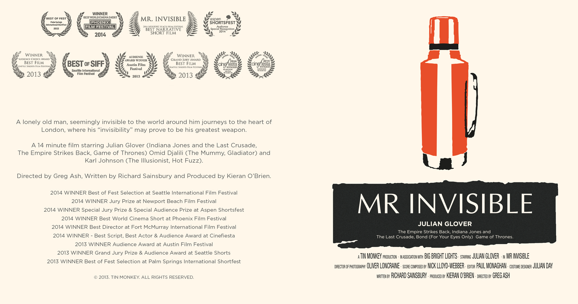 Film poster with a biege background and an orange Thermos flask above the banner 'Mr Invisible'